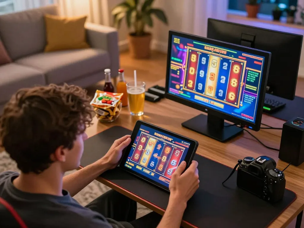 Nohu90 player enjoys online slot games on tablet in cozy home setting.