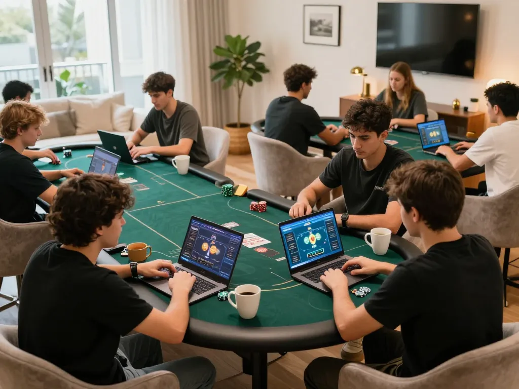 Engaging online poker players at home utilizing vvvwin for strategic gameplay.