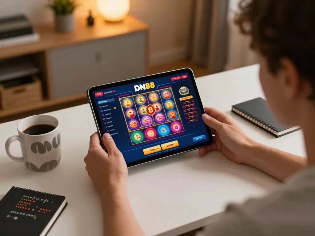 Engaging online gaming session at trang chủ dn88 with colorful slot displays and cozy home setting