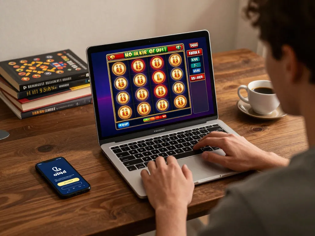 Engaging with oli4d on a laptop during slot gameplay, showcasing a cozy and responsible gaming environment.