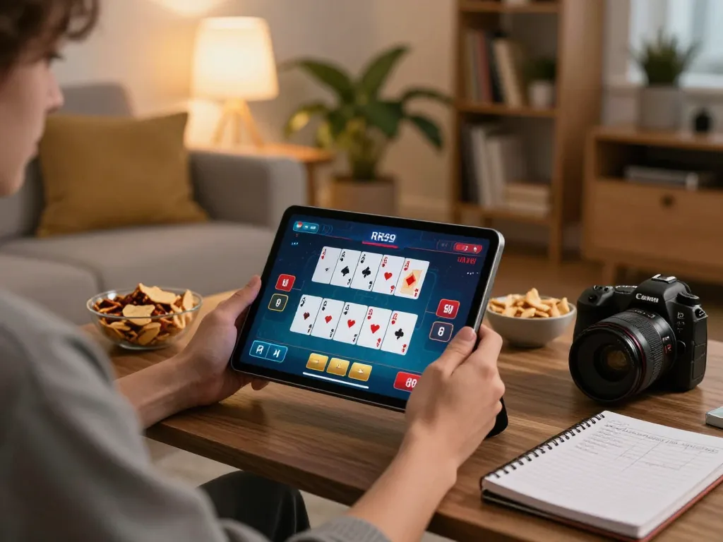 Engaging RR99 poker gameplay on a tablet in a cozy home environment, emphasizing strategic betting