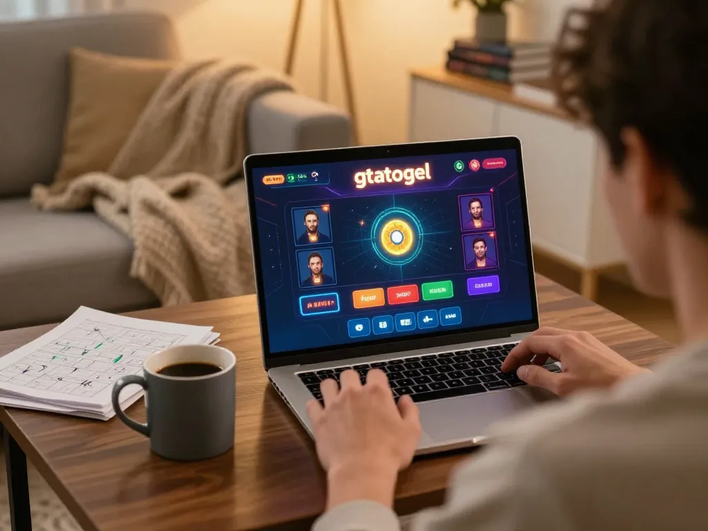Engaging in gtatogel online betting with a laptop in a cozy home setting, highlighting strategic gaming.