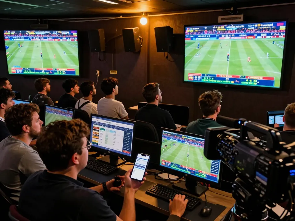 Engaged sports bettors using the 9bet app in a lively stadium atmosphere, capturing the thrill of live betting.