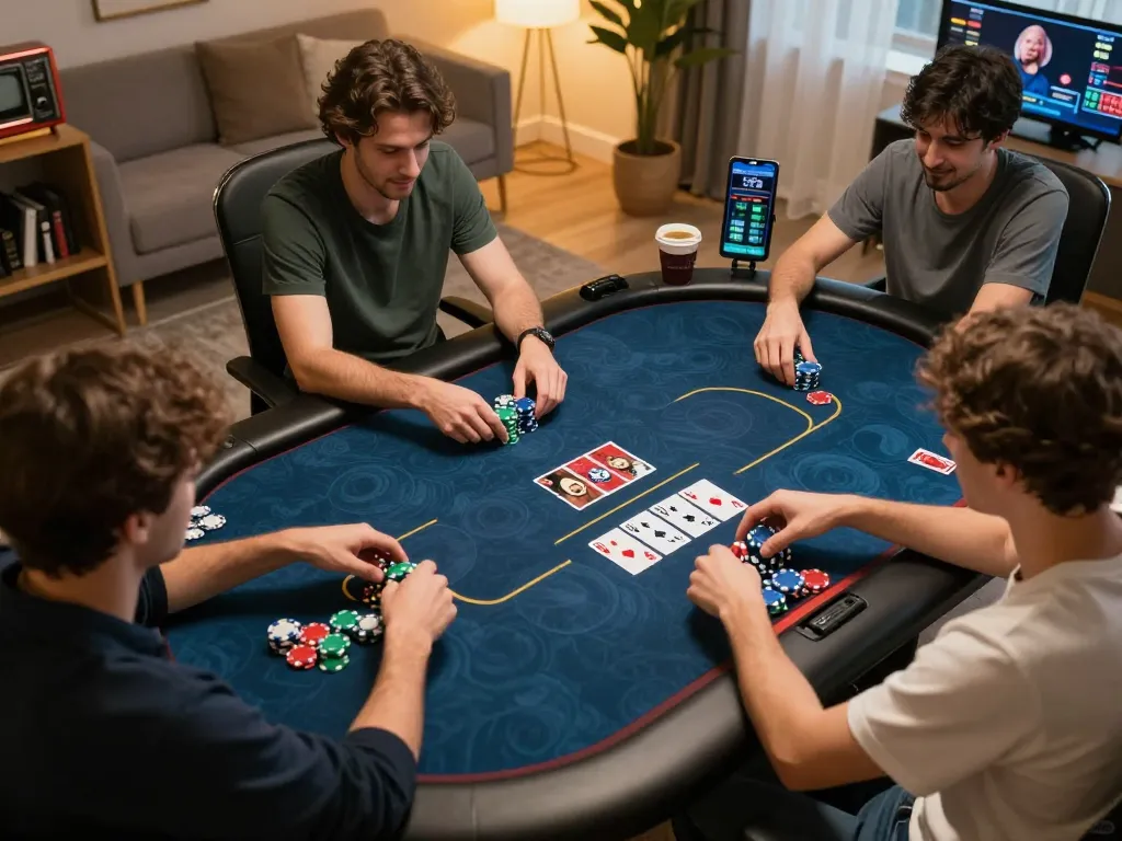 Online poker gameplay on go88 platform showcasing players and strategy in a cozy home setting.