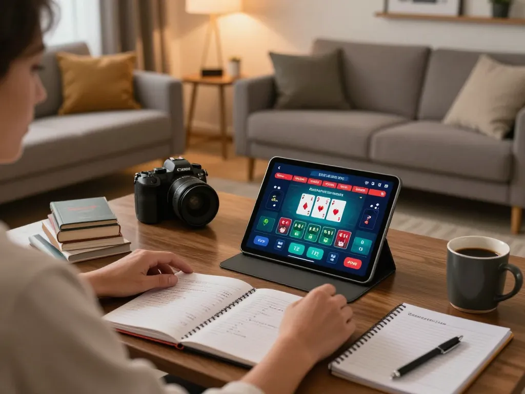 Player enjoying poker on W4U app in a cozy home environment with strategy notes and relaxed atmosphere.