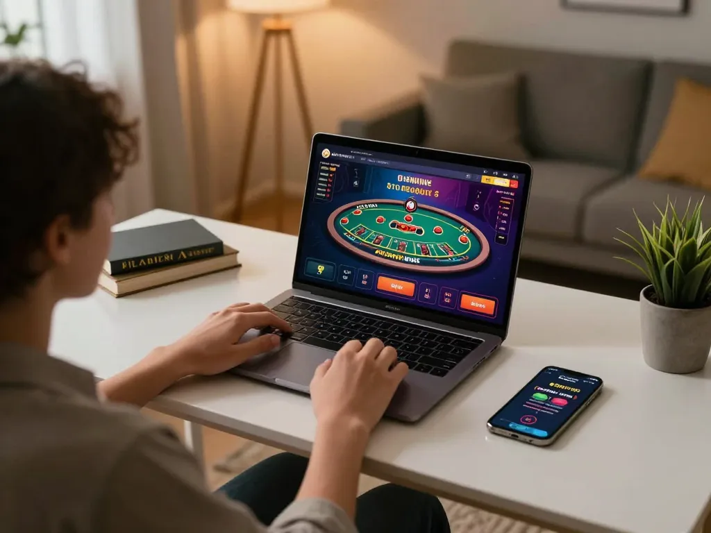 Engaged player enjoying an online casino experience with 8live on a laptop at home