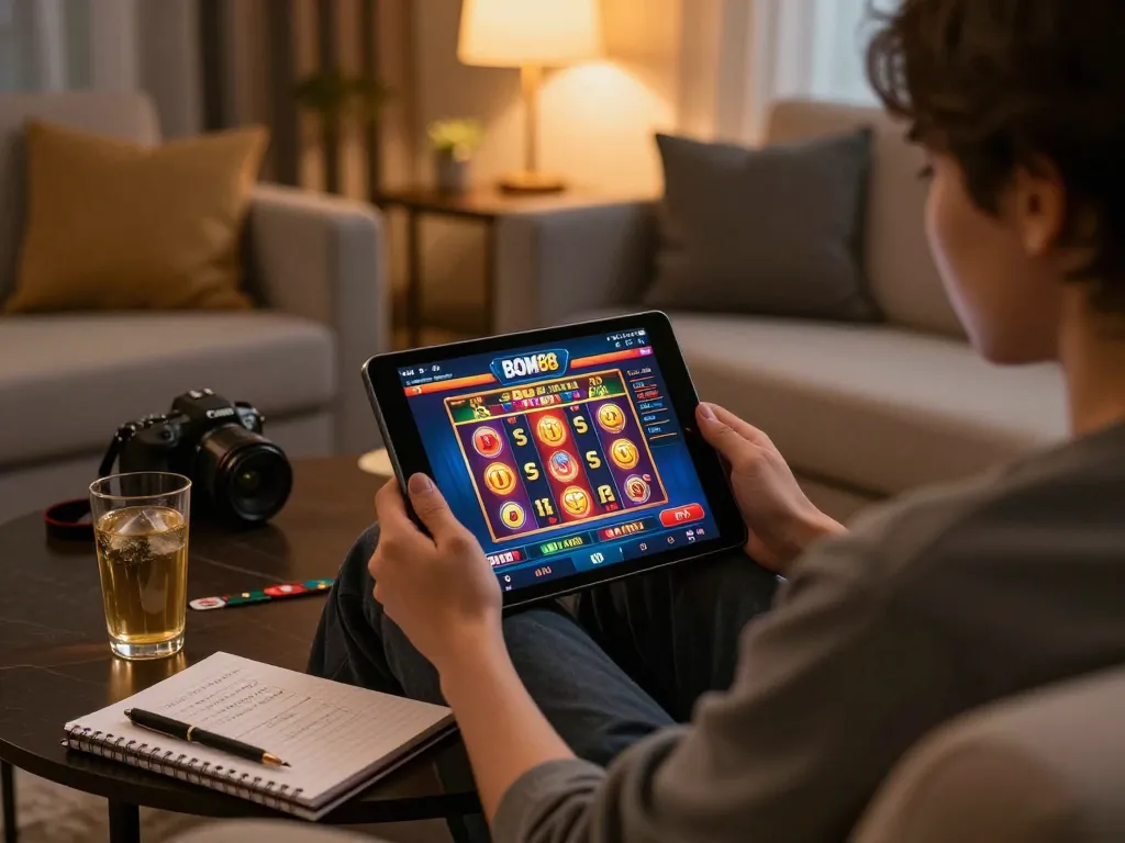 Pemain BOM88 terlibat dalam perjudian online di tablet dalam pengaturan rumah yang nyaman dengan catatan strategi yang terlihat.