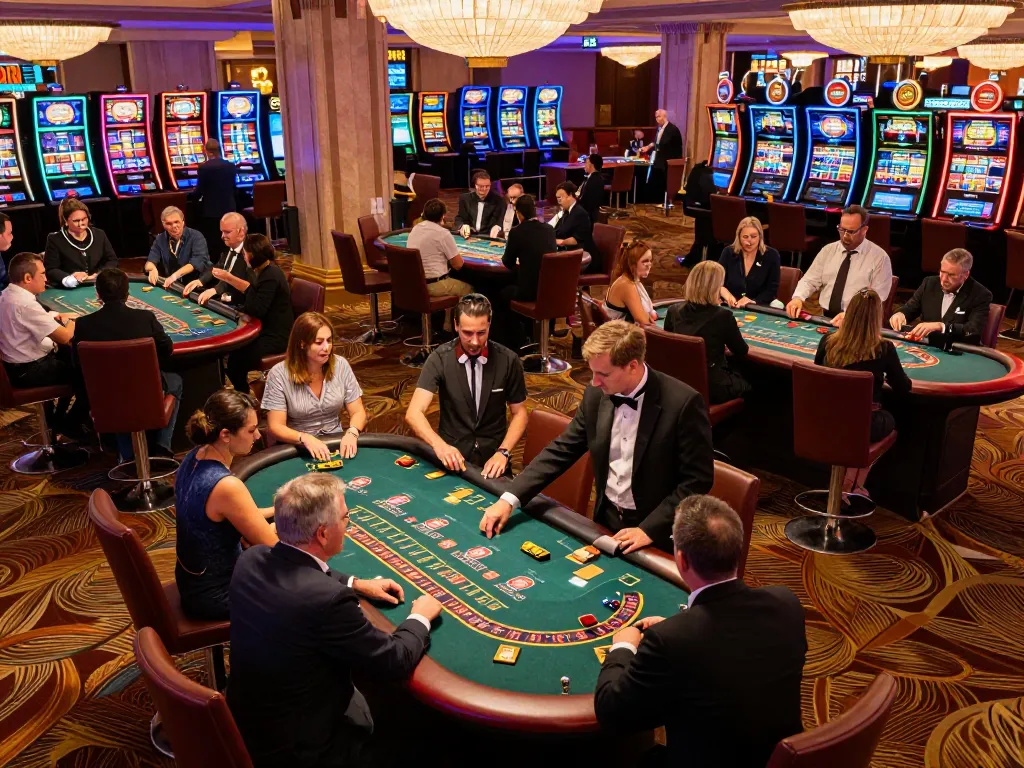Engaged players enjoying lively games at 388bet casino floor, showcasing excitement and luxury gaming