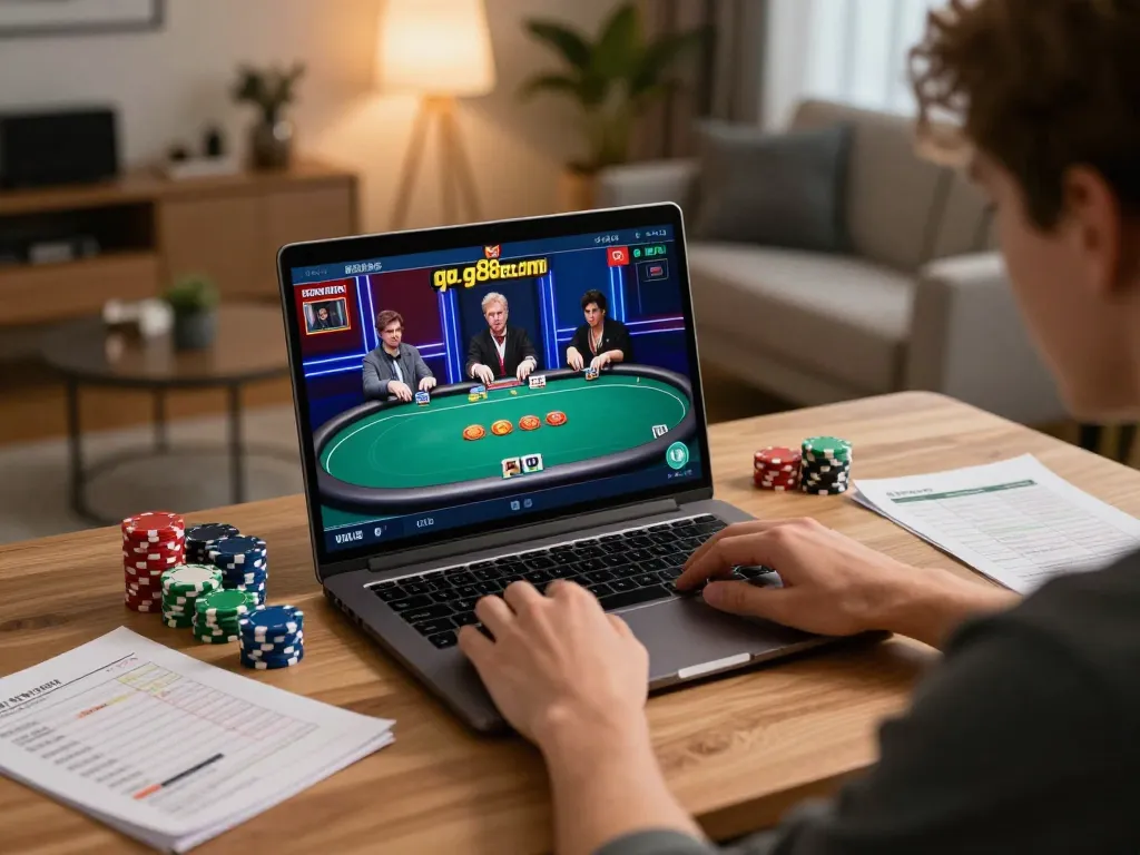 Engaged player strategizing poker on their laptop from home, exemplifying gg88 com online gaming experience