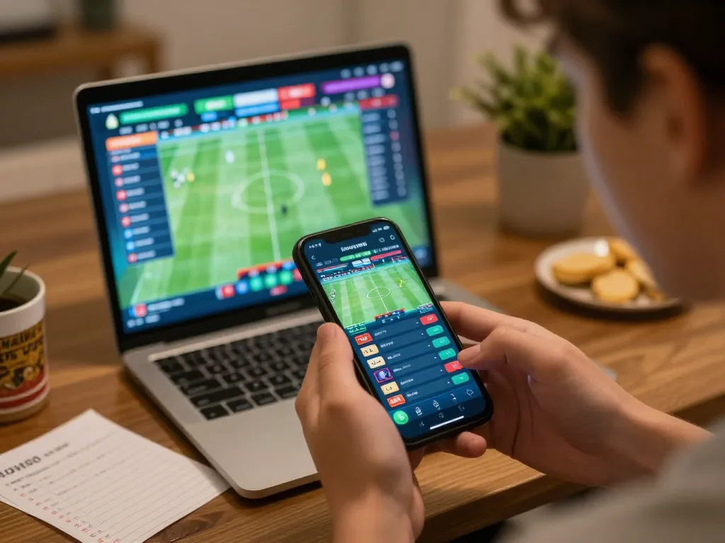 KÈO TRỰC TUYẾN sports betting action, person engaging with mobile app for live betting featuring vibrant sports graphics.