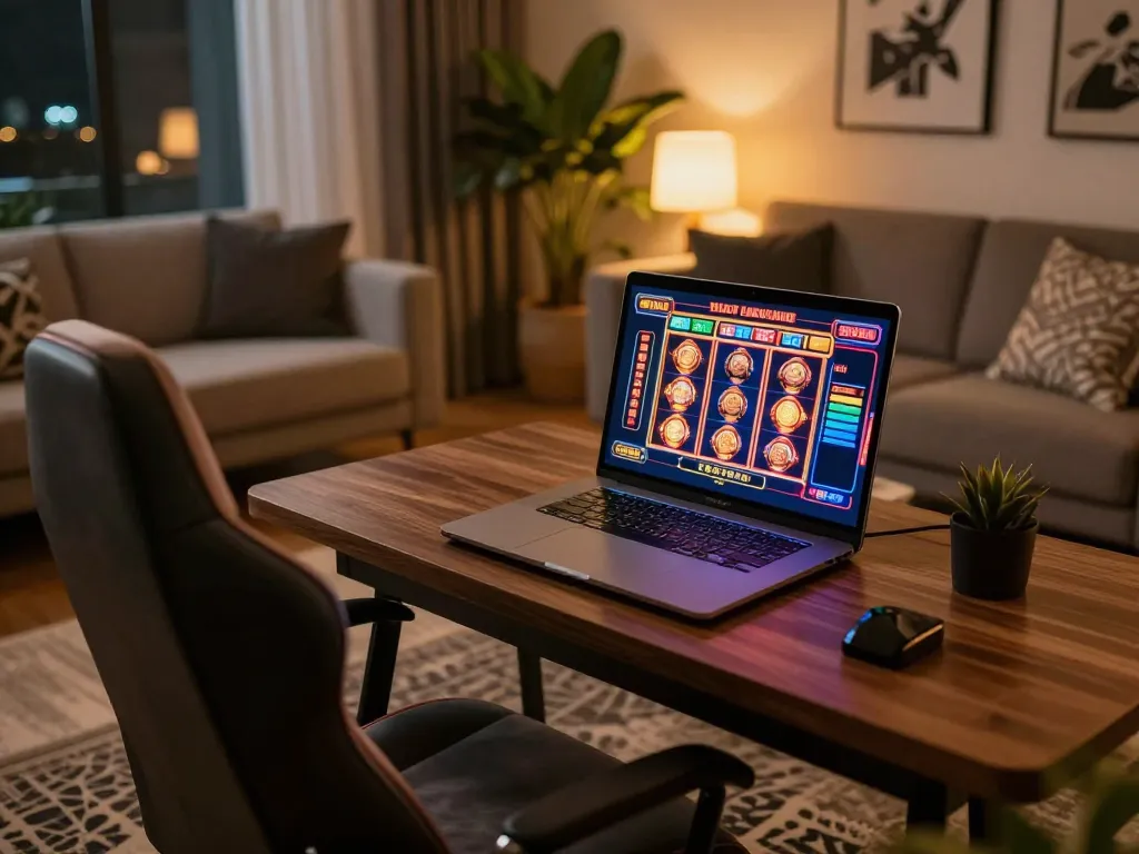 Engage with red88 through dynamic online casino gaming, showcasing exciting slot machine graphics on a modern laptop.