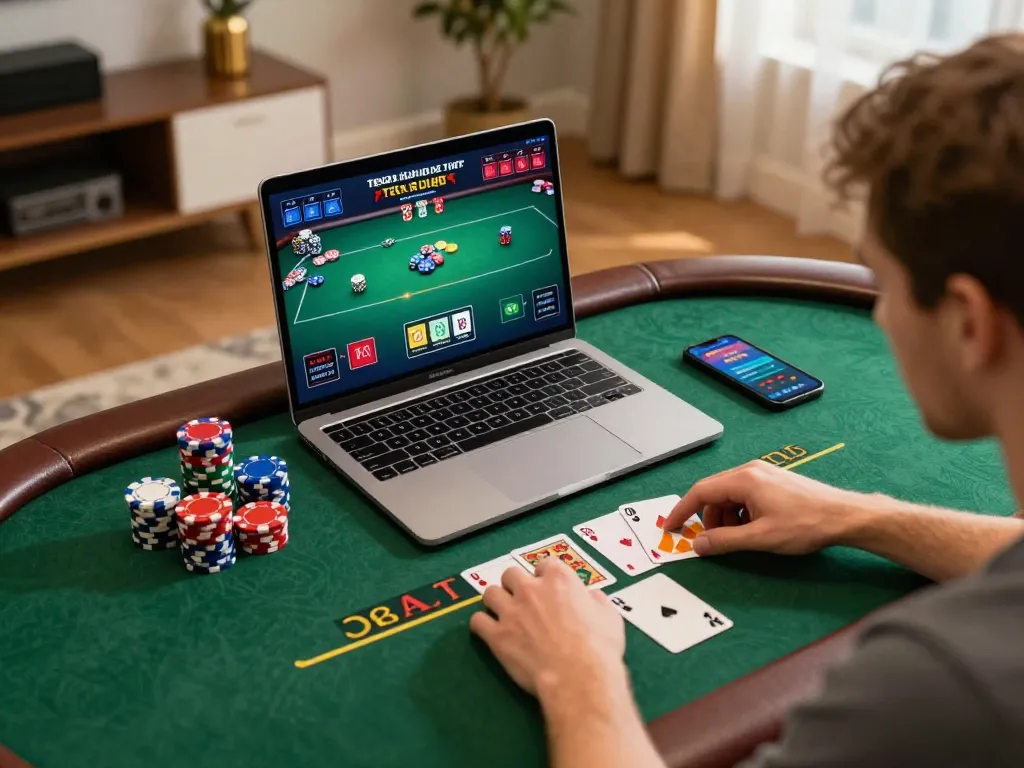 Player strategizing in a ligasedayu online poker game at home with focused intensity.