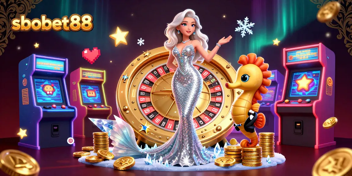 Experience excitement with sbobet88 as a woman in an evening gown poses by a golden roulette wheel.