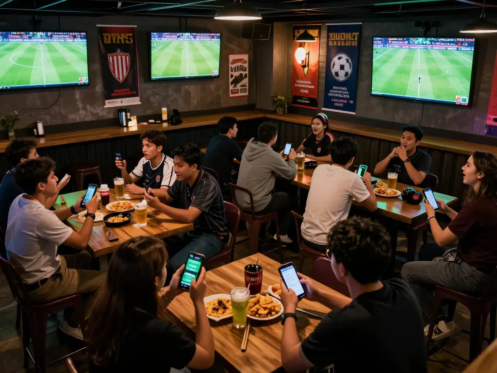 Fans engaging with cakhiatv app for live football betting in a sports bar atmosphere