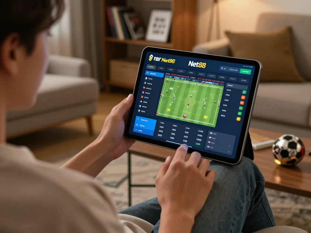 Engaging sports betting with Net88 on tablet while relaxing in a cozy living room