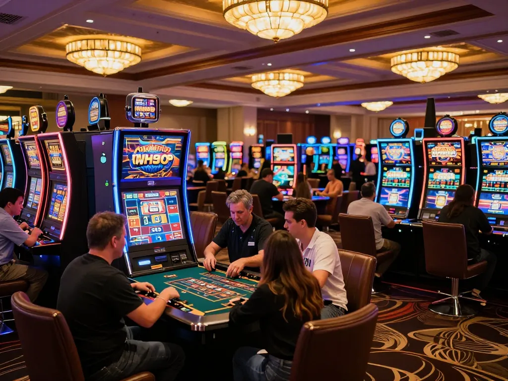 IDNSCORE players enjoying vibrant slot machines on an upscale casino floor