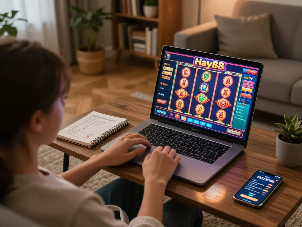 Experience online gaming at Hay88 with vibrant slot machines and strategic betting notes