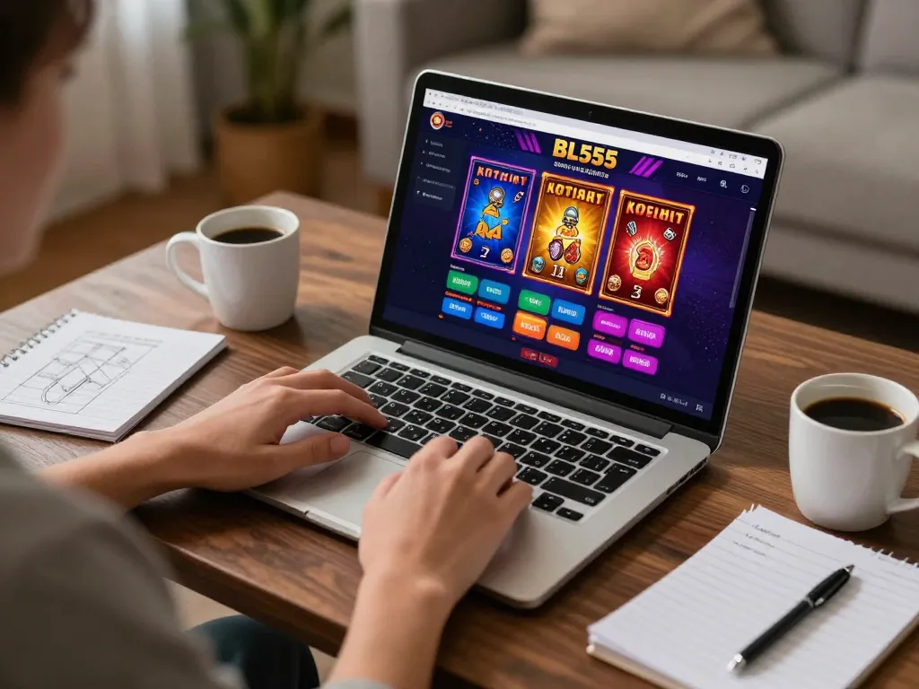 Person exploring BL555's vibrant online casino gaming options, laptop showcasing colorful game interfaces.