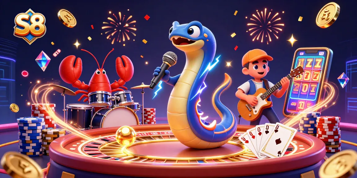 S8 electric eel DJ performance at an underwater casino with vibrant slot machine action.