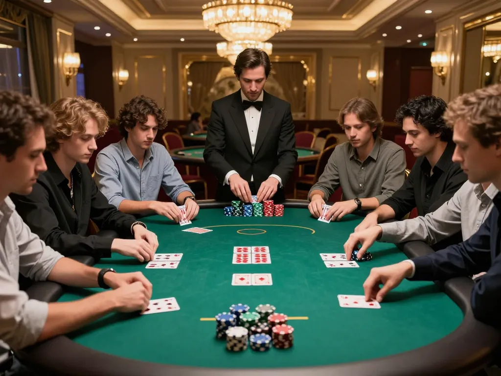 Poker players strategize in a casino scene, capturing the excitement of gaming on 7-hd.