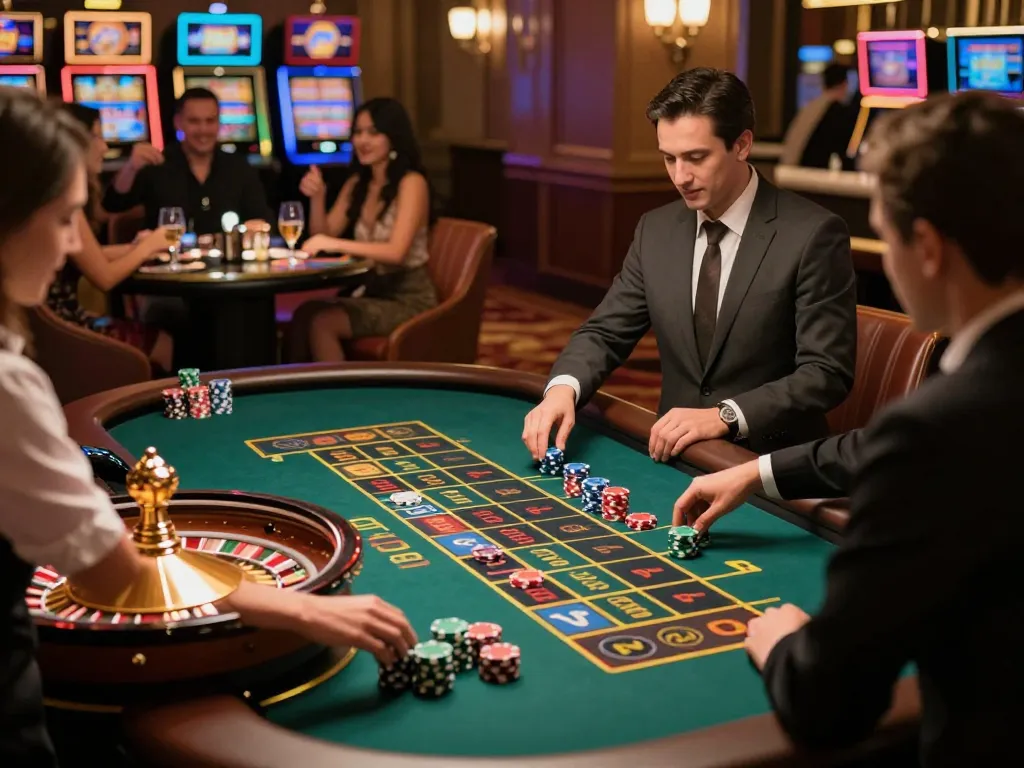 Players in an exciting mb88slot roulette game, celebrating wins with colorful chips and drinks.