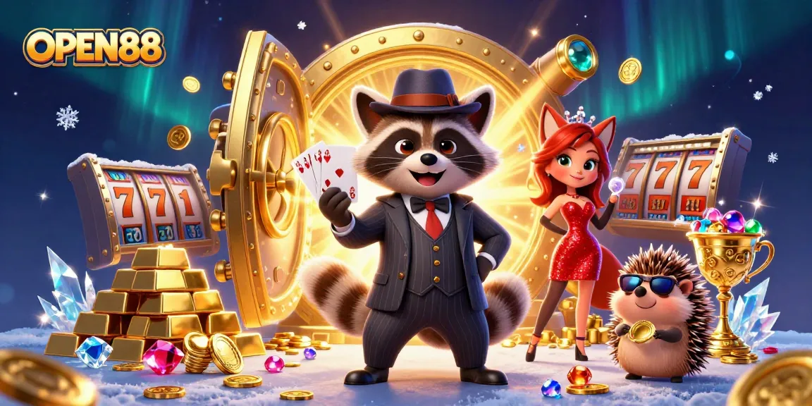 Engage in thrilling gameplay with OPEN88 as raccoon, fox, and hedgehog celebrate at a vibrant casino.