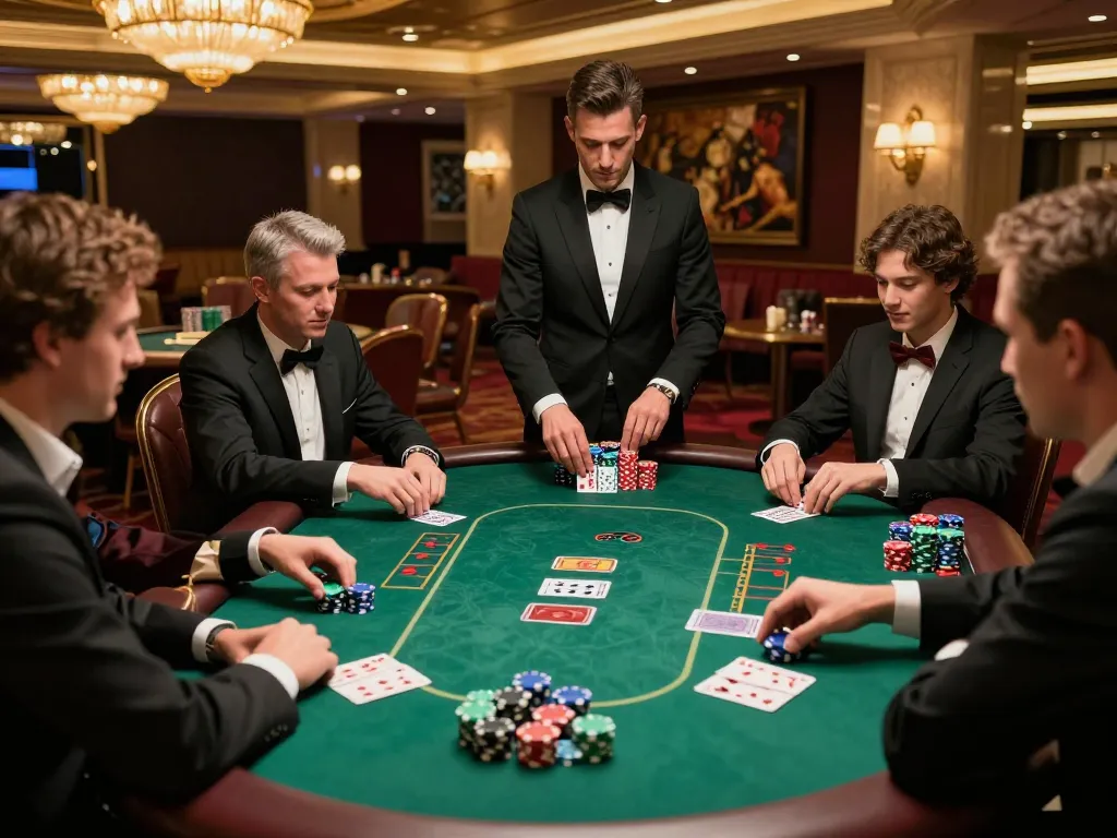 Players enjoying high-stakes poker at an upscale casino table, showcasing strategic gameplay at tr88vina.