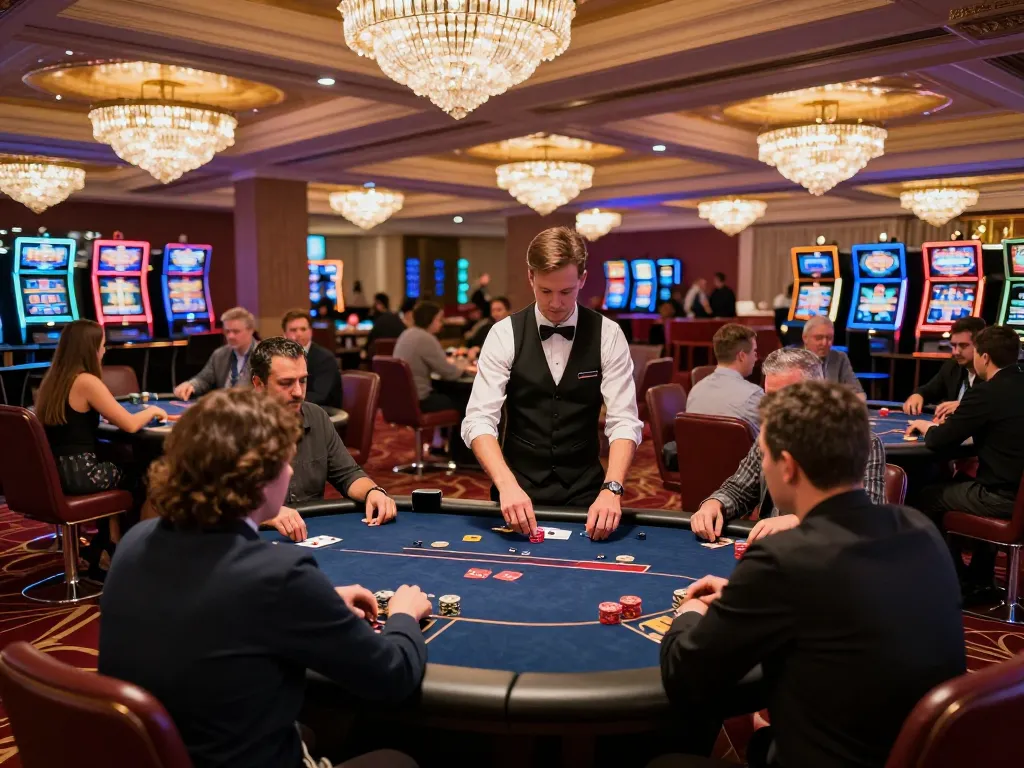 Players enjoy engaging poker games at 88vv's upscale casino, showcased by a dynamic atmosphere and vibrant lighting.