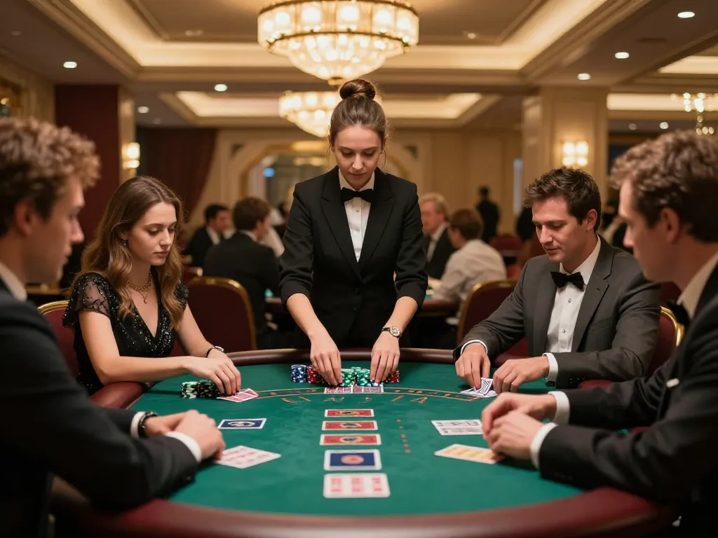 mpoid blackjack table action with players making strategic decisions in a luxurious casino atmosphere