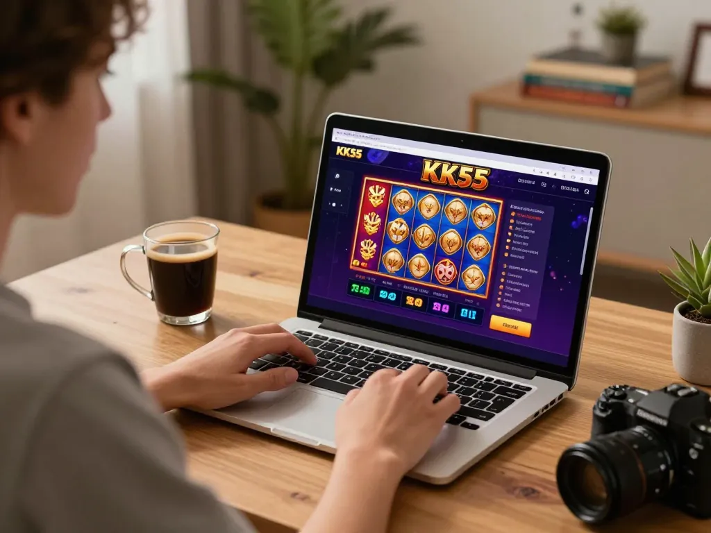 Engaging with KK55 online casino gameplay at home desk, showcasing strategic betting atmosphere.