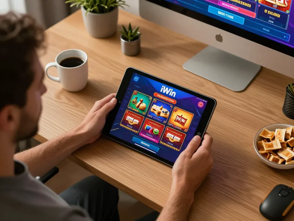 Player enjoying iWin casino games on tablet in a cozy home office setting.