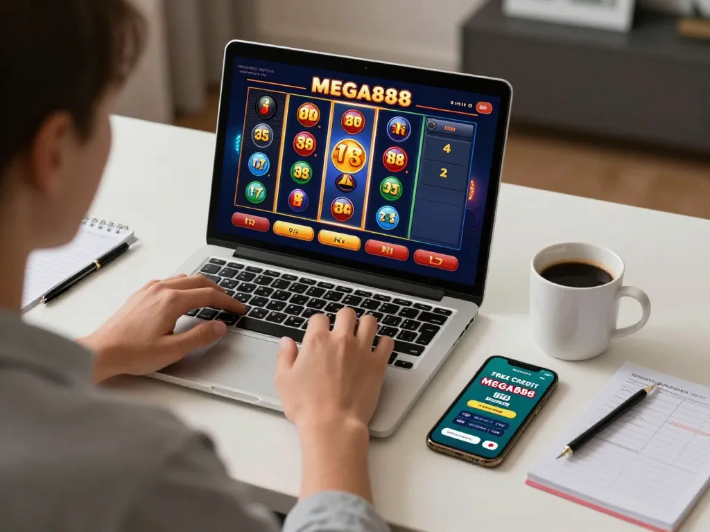 Engaging online gambling scene showcasing free credit mega888 activity on a laptop at home, reinforcing responsible gaming.