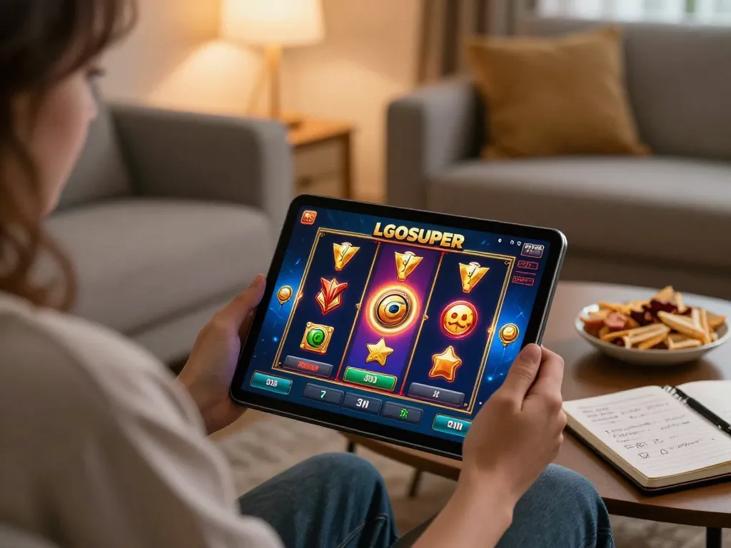 Player enjoying LGOSUPER online slot gaming on a tablet in a cozy home setting with snacks.