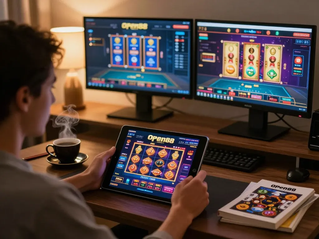 Experience Open88's thrilling online gaming with vibrant slot displays and cozy setup.