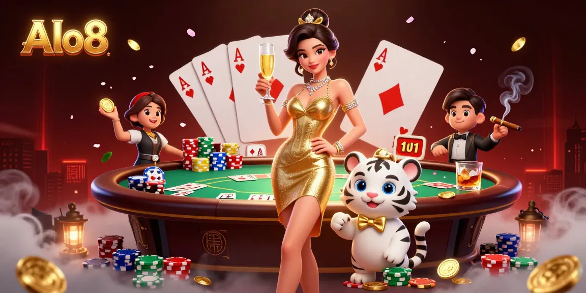 Experience exciting gambling action at Alo8 with a glamorous woman and a lucky tiger amidst poker chips.
