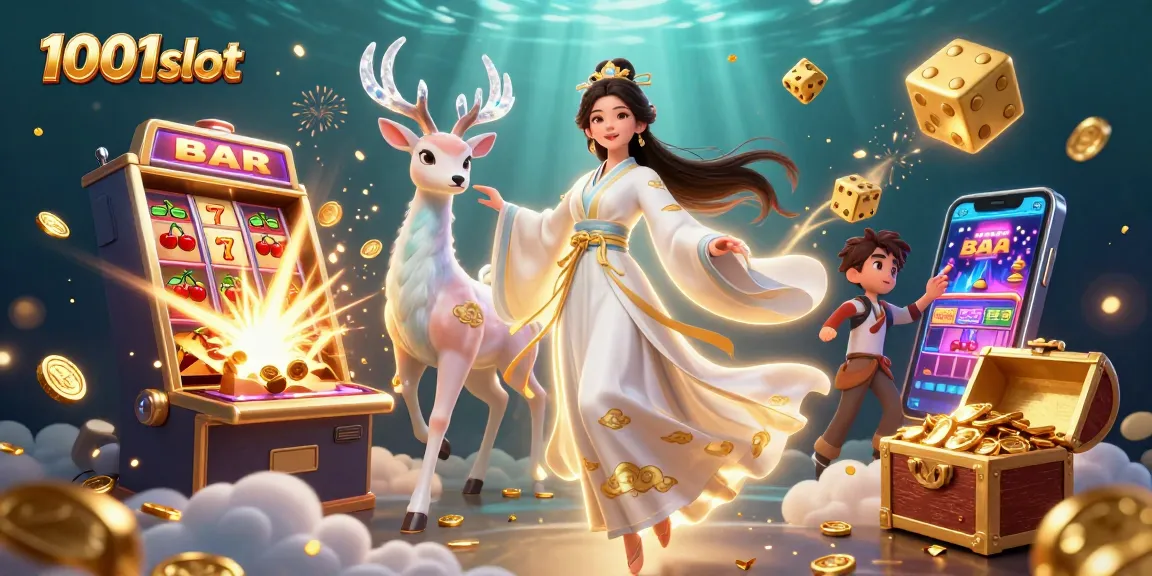 Win big with 1001slot's vibrant 3D casino scene featuring exciting slot action and captivating elements.