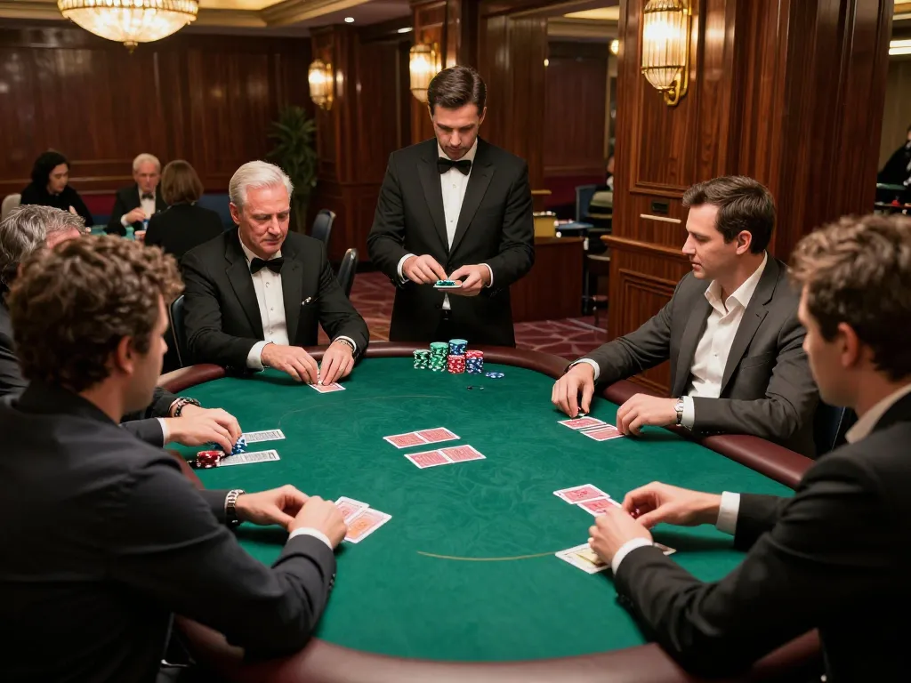Play poker at nhà cái fly88 in a luxurious casino, with players strategizing and intense gameplay atmosphere.