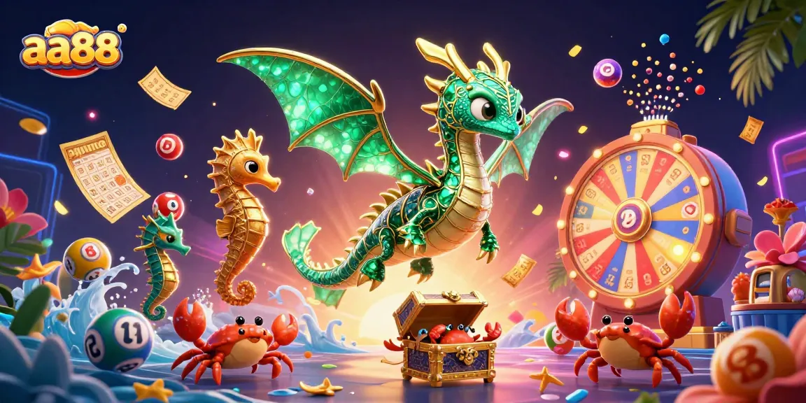 Play exciting games at aa88 with vibrant lottery elements and a magical treasure scene.