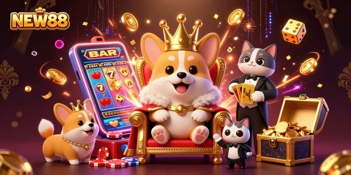Score big with NEW88: A vibrant illustration featuring royal gaming characters amidst exciting casino action.