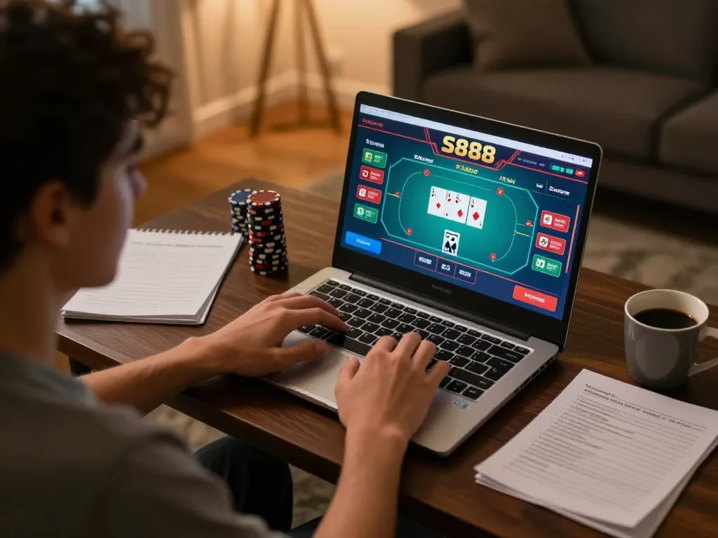S888 player engaged in online poker strategy at home, showcasing gaming interface and ambiance.