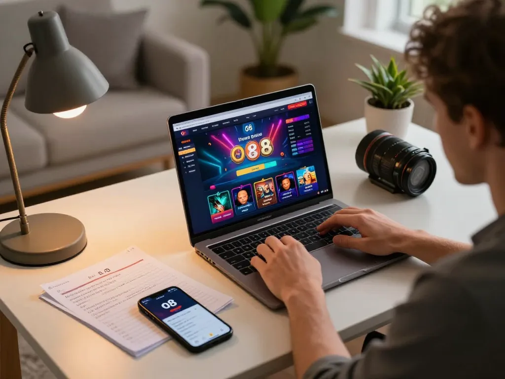 Player engaging in o8 online casino gaming on a laptop, showcasing vibrant game interface and cozy atmosphere.