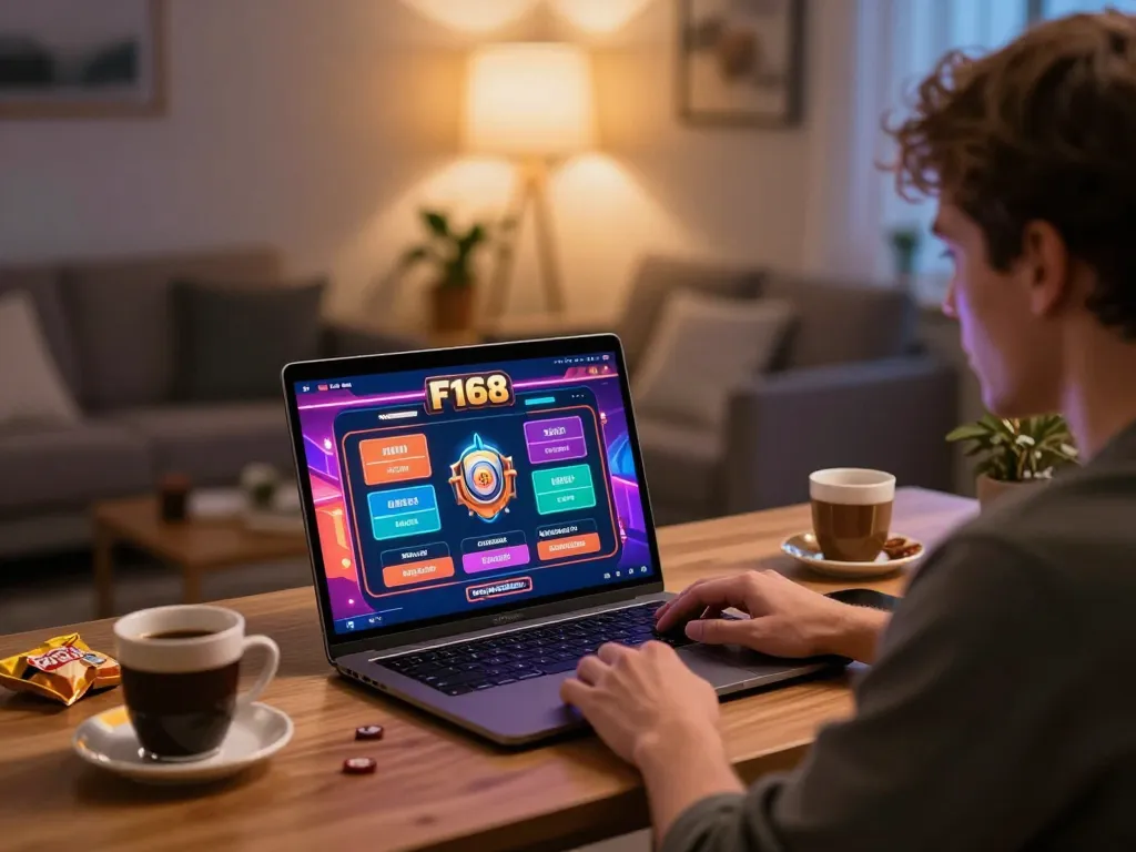 Player engaging with online casino at F168, showcasing gaming setup with warm atmosphere.