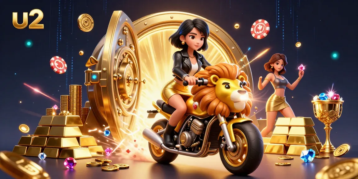 Engage in casino action with u2 as a glamorous Asian woman rides a golden lion mascot surrounded by treasures.