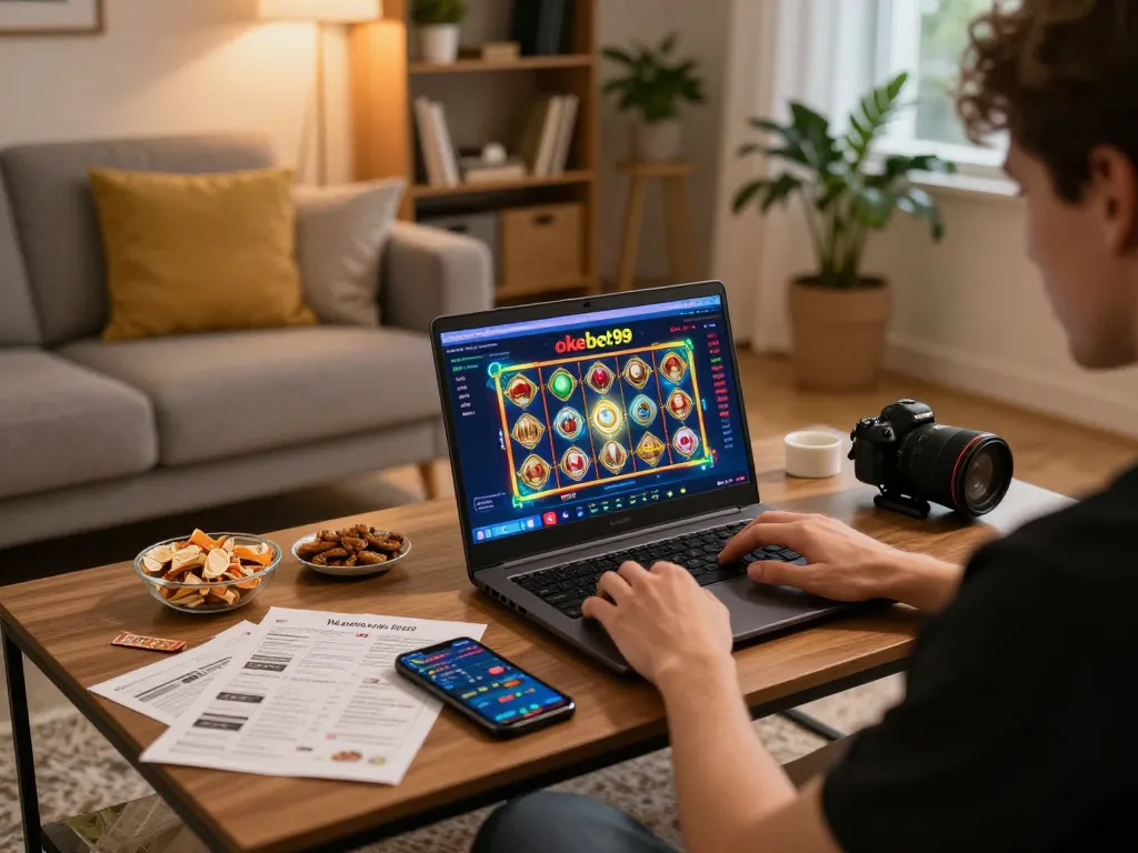 Pemain yang merancang strategi di okebet99 sambil menikmati slot online di ruang tamu yang nyaman.