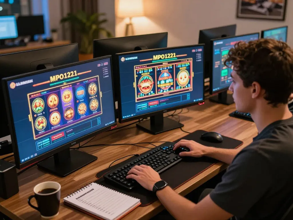 Pengaturan game online MPO1221 menunjukkan seorang pemain yang fokus menjelajahi permainan slot di beberapa layar.