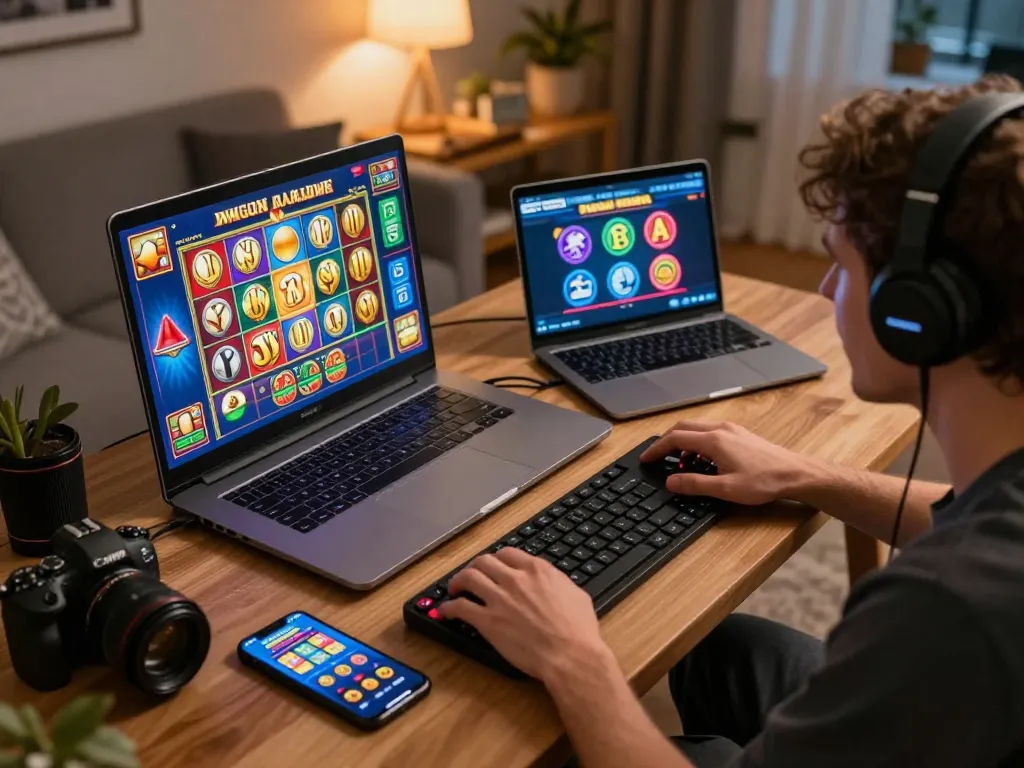 Player enjoying LGOLUX slot game on laptop amidst warm home lighting, showcasing excitement and modern gaming.