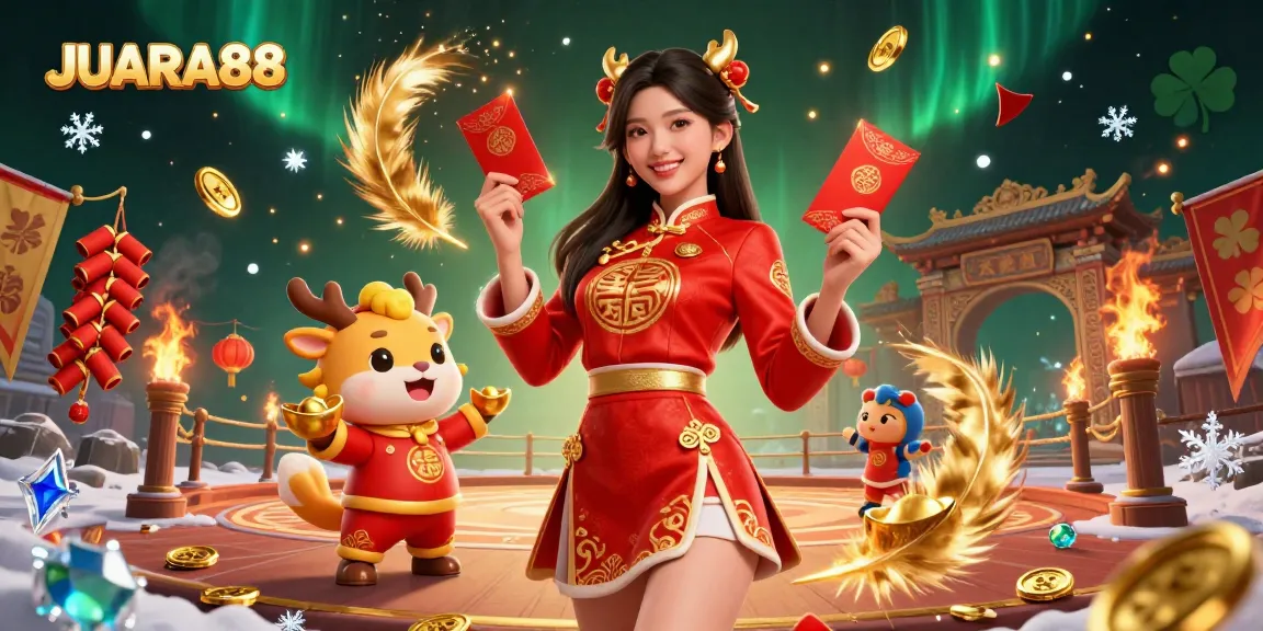 Experience excitement with JUARA88: festive Asian characters celebrating amidst vibrant casino elements.