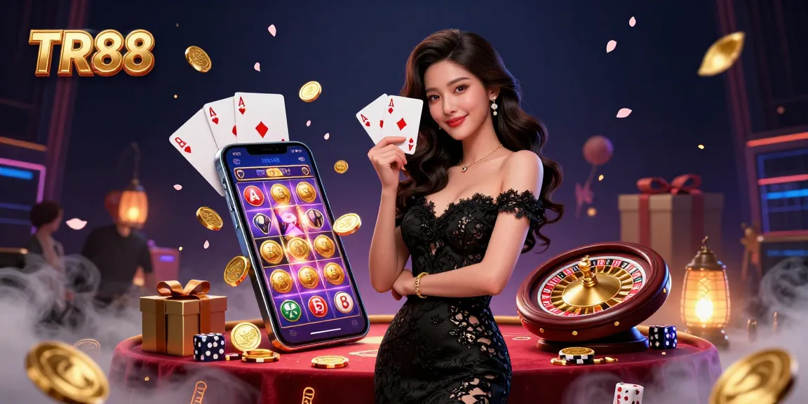 Experience the luxury gaming world at TR88, where a glamorous Asian woman showcases aces amid a vibrant casino atmosphere.