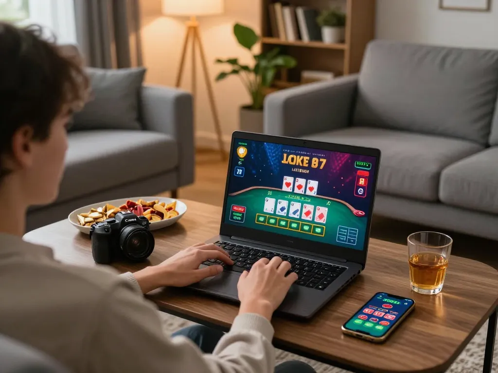 Player engaging in online casino gameplay with 11-hd on laptop, showcasing live blackjack action.