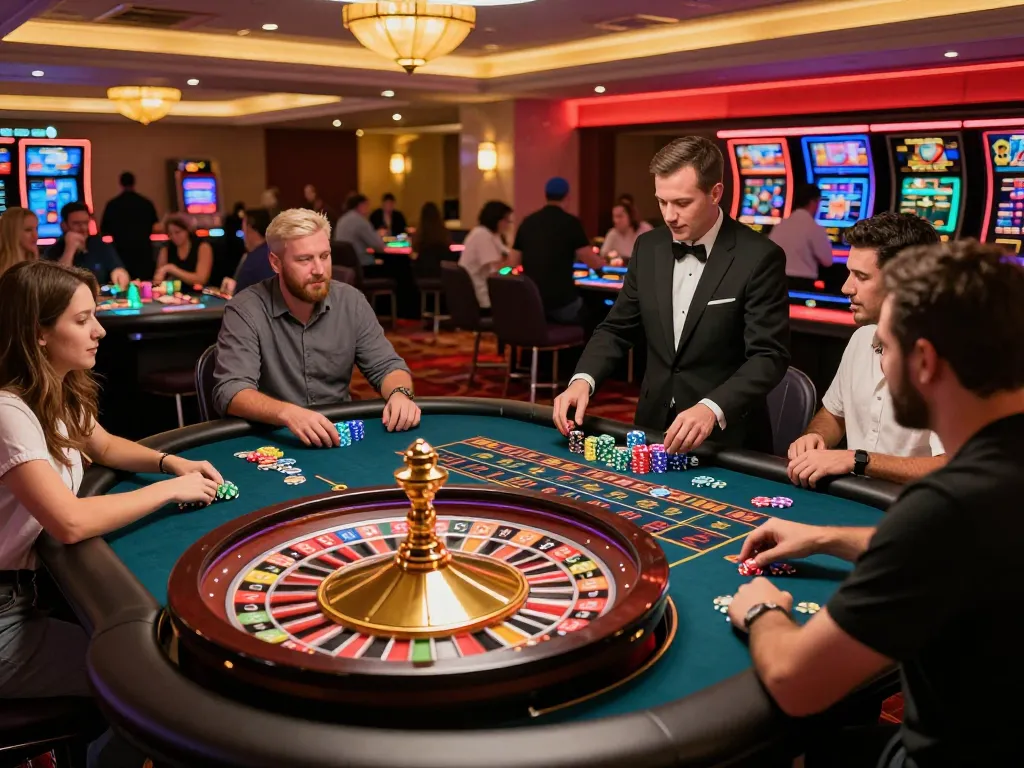 IDNSCORE players excitedly placing bets at a roulette table in a vibrant casino atmosphere.